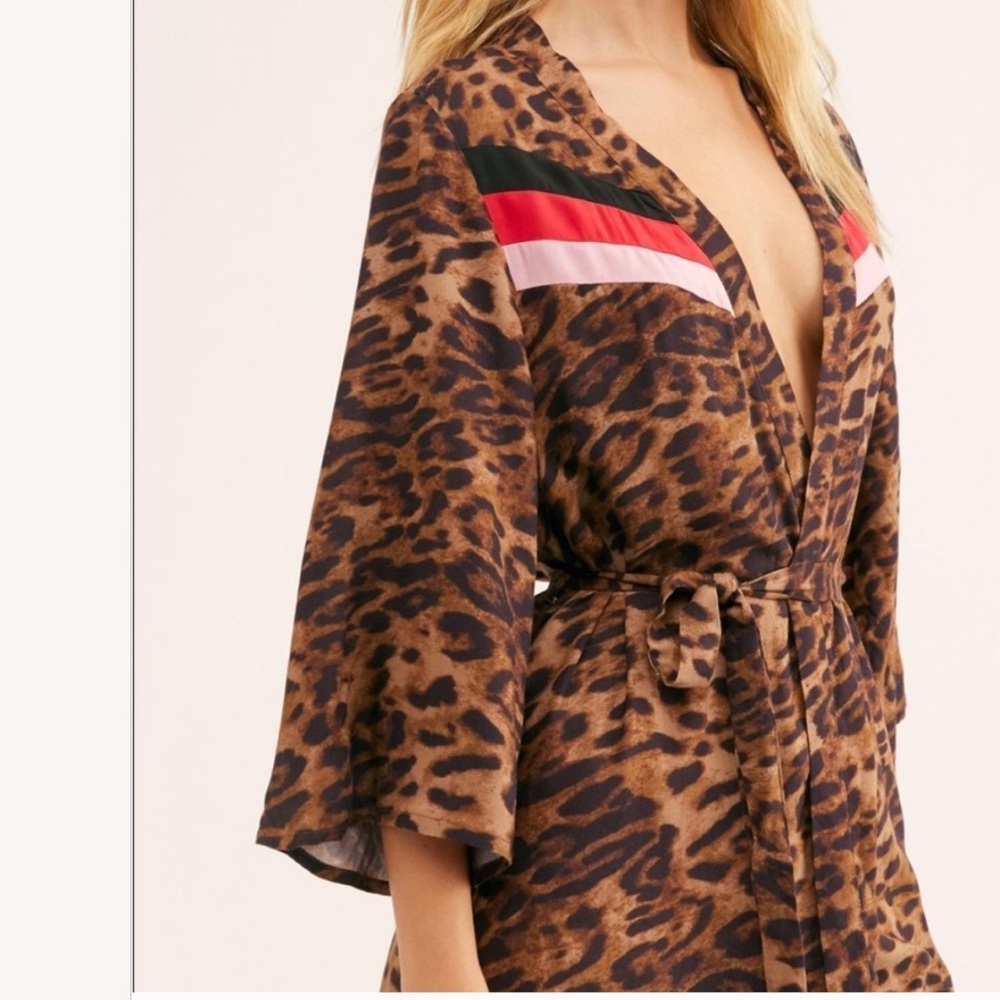 Free People x NFC Leopard Stripe Belt Waist Tie Duster Kimono Maxi One Size - Picture 2 of 12